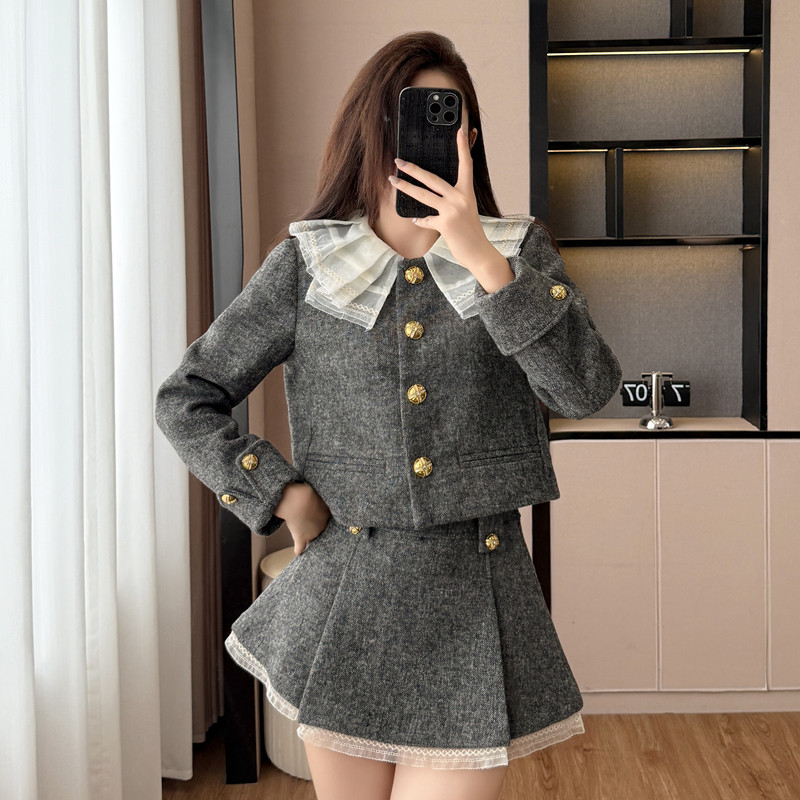 法式富家千金小香风百褶裙套装女小个子显瘦外套半身裙两件套秋冬