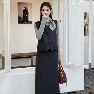 韩系时尚学院风套装裙女高级感灰色毛呢马甲上衣显瘦半身裙三件套