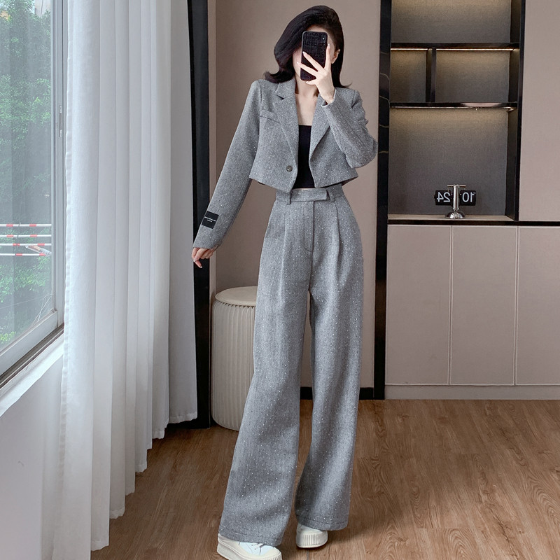 时尚小香风西装长裤套装秋冬新款显瘦显高短款外套阔腿裤两件套女