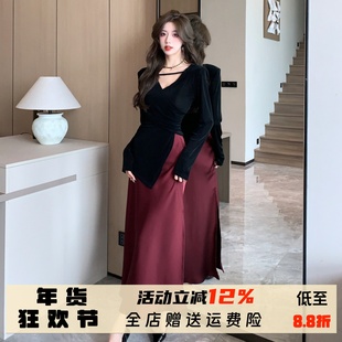 法式复古纯欲风高冷御姐v领长袖配高腰酒红色半身裙套装2025秋冬
