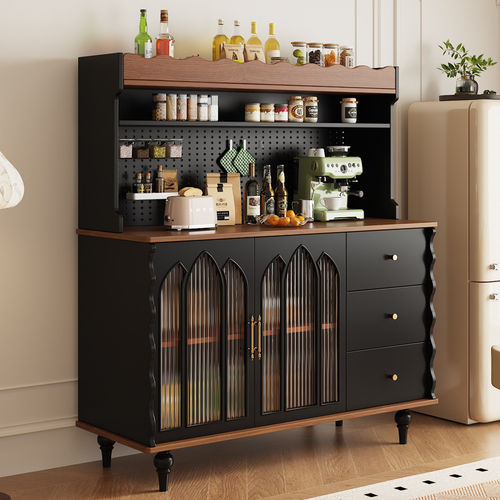 黑色法式中古复古实木餐边柜靠墙一体客厅置物架咖啡酒柜茶水斗柜