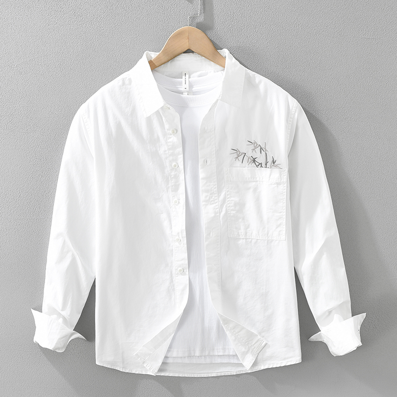 简约纯色宽松翻领刺绣长袖衬衫男士百搭青年文艺大码休闲纯棉衬衣