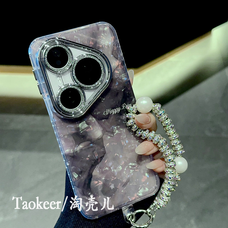 适用华为pura70pro+手机新款壳全包自带镜头膜mate70pro+防摔mate60pro+半透贝壳纹黑色水墨晕染高
