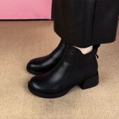 爆款 软皮短靴女2025秋冬新款 圆头靴子棉靴低跟加绒妈妈软底马丁靴