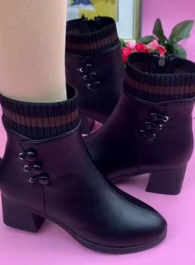 真皮棉靴女秋冬新款加绒保暖粗跟短筒圆头加厚皮靴中年妈妈高跟鞋