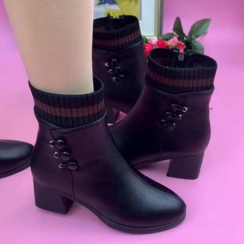 时尚短靴粗跟加厚加绒妈妈棉鞋