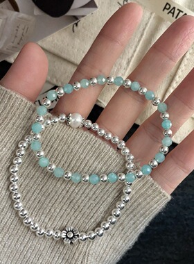 S925银天然天河石银珠手链天然淡水珍珠银珠小花手链小众高级感潮