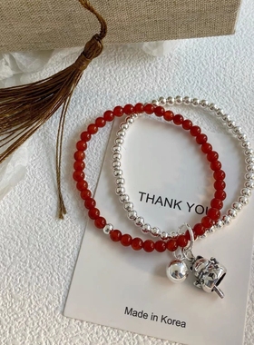 s925纯银天然红玛瑙复古招财猫光球双层女款手链ins小众设计手串