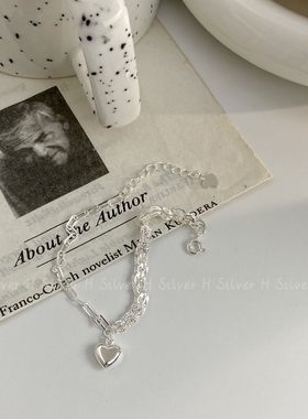 S925纯银小清新爱心拼接手链个性时尚百搭轻奢设计感手环气质女潮