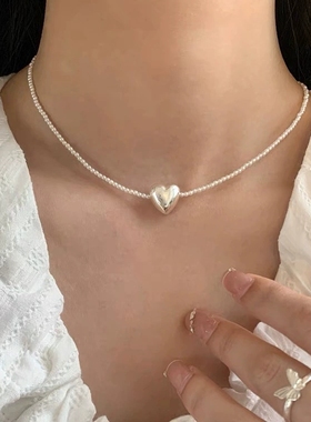 韩国博主同款饰品S925纯银爱心珍珠项链女轻奢ins小众颈链气质潮