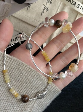 S925银手工银天然黄塔晶珍珠白水晶黄玉檀木银管手链套装极简风格
