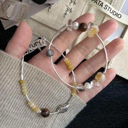 S925银手工银天然黄塔晶珍珠白水晶黄玉檀木银管手链套装极简风格