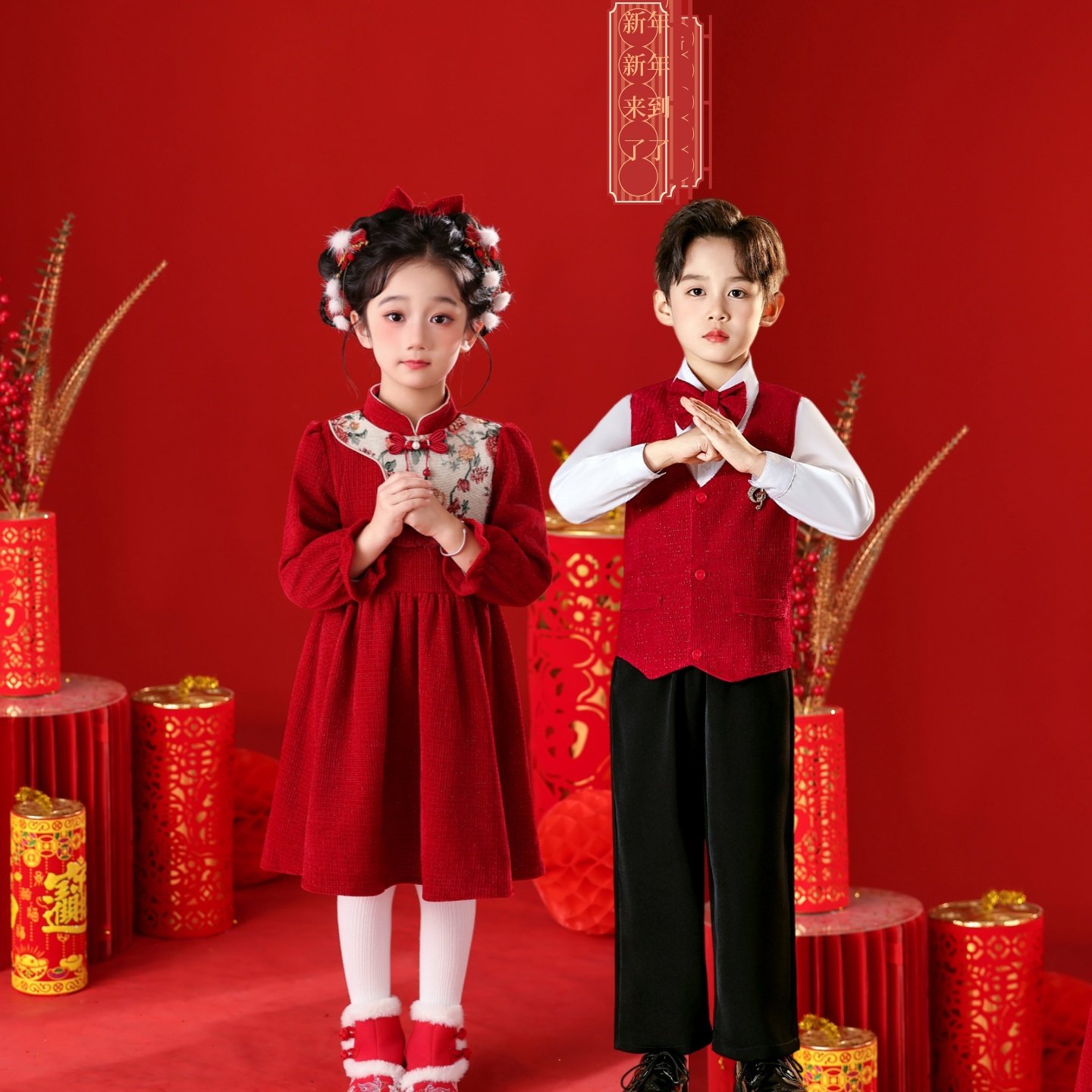 元旦儿童演出服女童红色连衣裙幼儿表演服男女童新款拜年服冬加绒