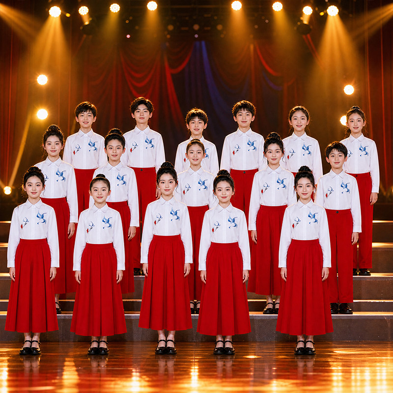 十一儿童初中小学生女童中国风合唱红色爱国朗诵演讲比赛演出服装图片