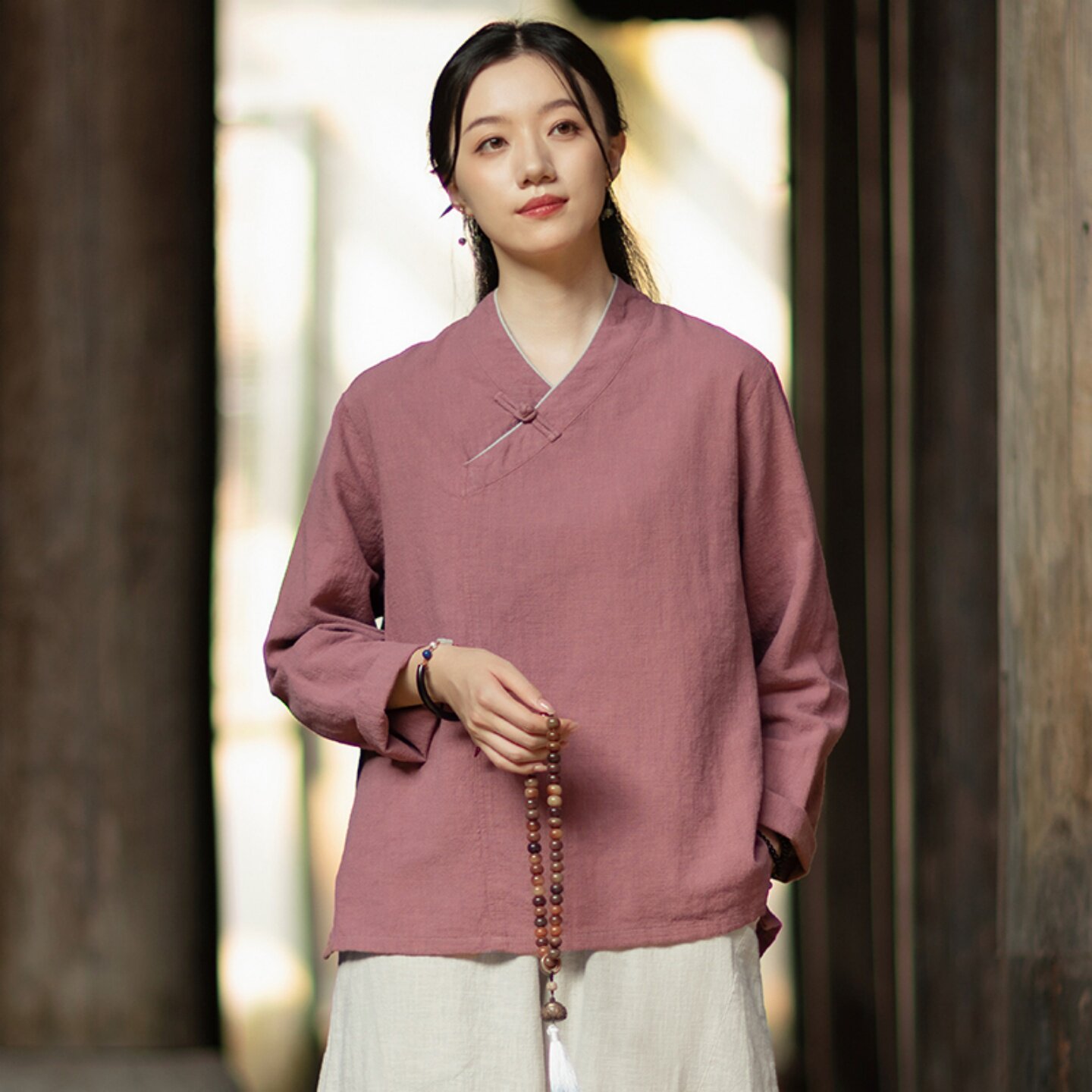 棉麻禅意上衣女斜襟V领长袖衬衫