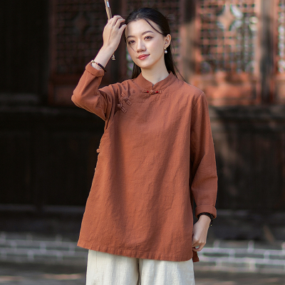 新中式上衣女棉麻立领长袖衬衫