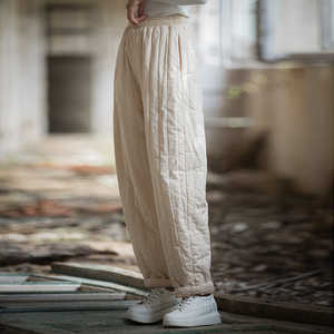 加厚夹棉保暖长裤秋冬新款棉麻女装绗缝竖格休闲裤加棉棉裤女外穿