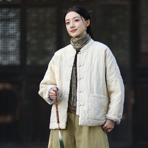 棉麻夹棉绗缝菱格棉袄女士棉衣