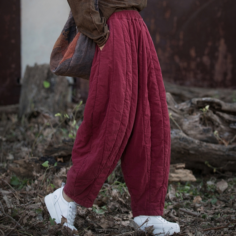 棉麻夹棉灯笼裤女冬季新款原创拼接宽松保暖萝卜裤加厚棉裤冬外穿