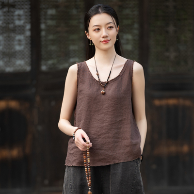 全亚麻薄款吊带纯麻无袖毛边背心