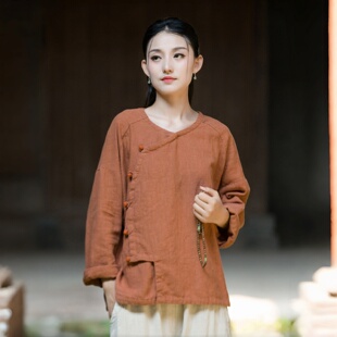 新中式棉麻上衣女2026年新款苎麻斜襟衬衫复古文艺范禅意茶服开衫