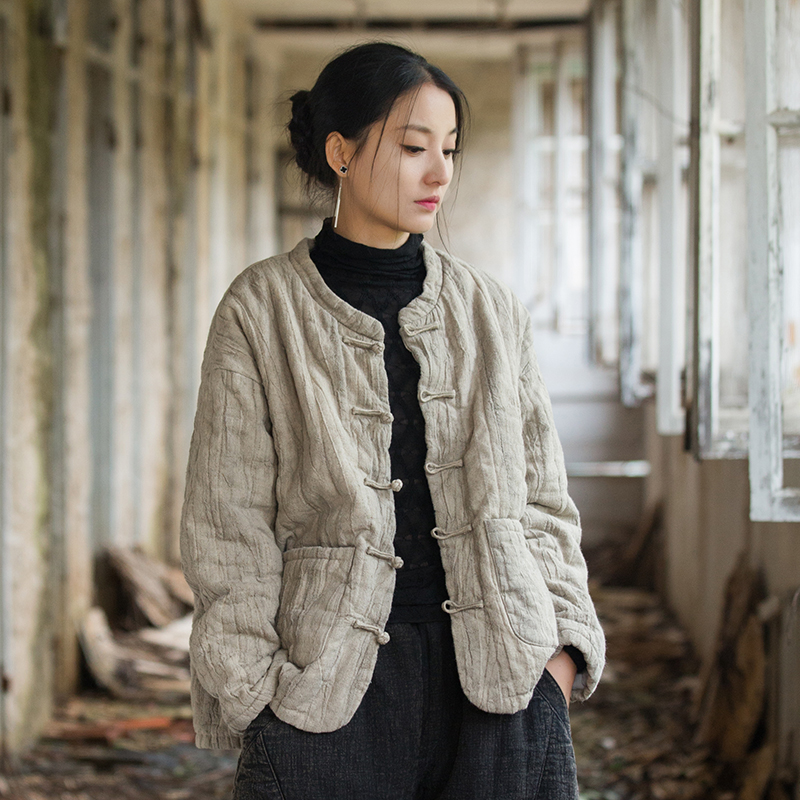 棉服女冬季棉麻盘扣夹棉加厚保暖