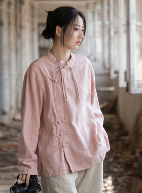 苎麻斜襟盘扣上衣女春夏新款原创棉麻女装国风改良文艺范长袖T恤