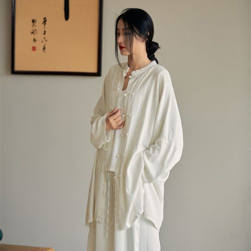 国风禅意茶服女盘扣大码开衫衬衫