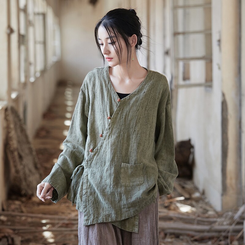 苎麻扎染上衣开衫女2026年新款国风改良斜襟宽松女士衬衫禅意茶服