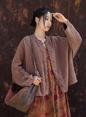 棉麻衬衫女原创中式禅意女装高级复古盘扣上衣肌理感做旧开衫外套
