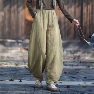 棉麻夹棉灯笼裤女2025年冬季新款原创苎麻宽松加厚太极裤棉裤外穿