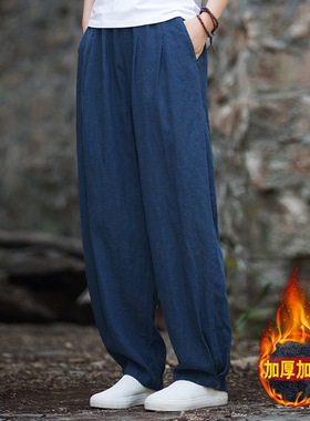 棉麻加绒灯笼裤女秋冬新款原创宽松显瘦加厚长裤亚麻休闲裤太极裤