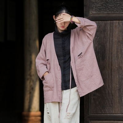 棉麻系带开衫上衣女禅意茶服外套
