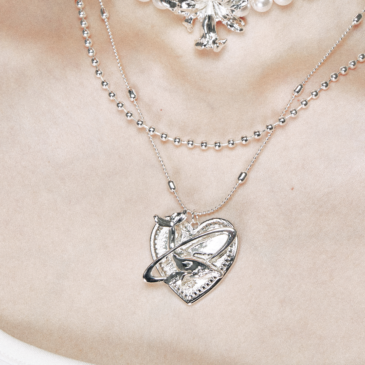 1JINN M2M 双层叠戴鲸鱼爱心吊坠项链女银珠链条轻奢设计感颈链