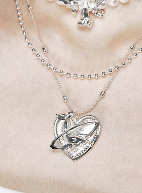 1JINN M2M 双层叠戴鲸鱼爱心吊坠项链女银珠链条轻奢设计感颈链