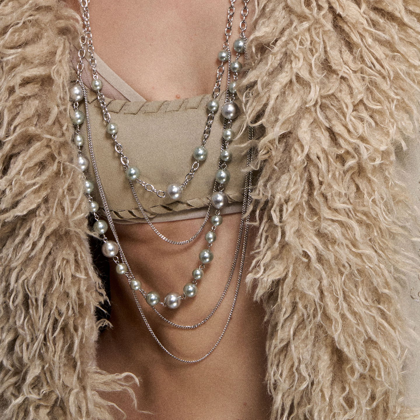 1JINN M2M 多层叠戴银色珍珠项链女组合拼接设计感气质毛衣链