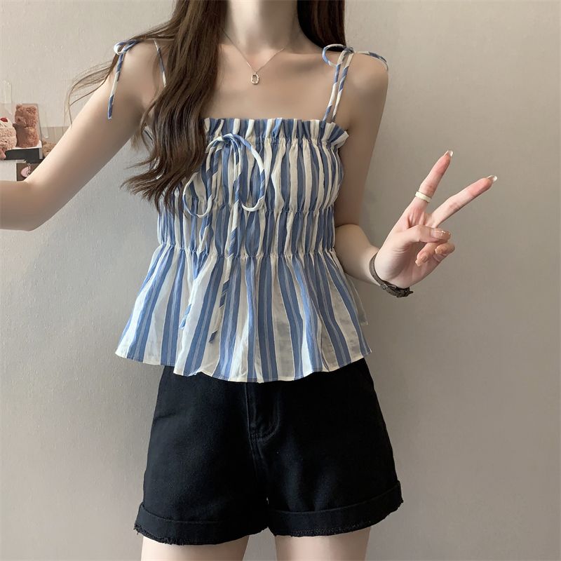 大码条纹背心女夏外穿法式美背设计感甜辣风吊带短款无袖上衣胖mm