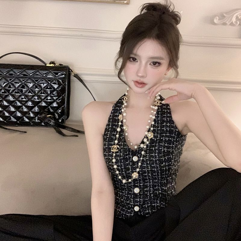 高级感百搭小香风挂脖v领马甲小背心女夏季外穿短款气质吊带上衣