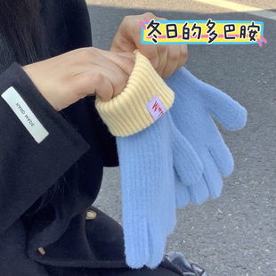 针织毛绒手套女冬季新款触屏加绒保暖加厚防寒分指韩版毛线手套潮