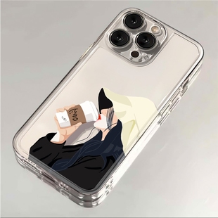 咖啡女孩适用苹果16promax手机壳iPhone14 13彩银iQOO1211华为pura70mate60小米15荣耀200OP红米vivox200s198