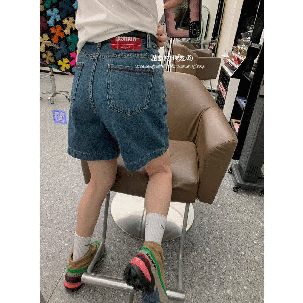 大码女装肥妹妹mm明线撞色深蓝色牛仔短裤夏高腰显瘦五分裤200斤