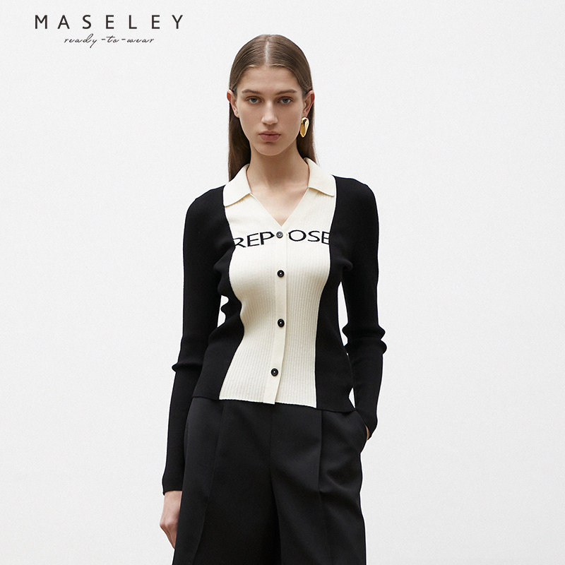 Maseley/玛塞莉拼色针织上衣秋季新款修身显瘦时髦长袖女 - 实物图