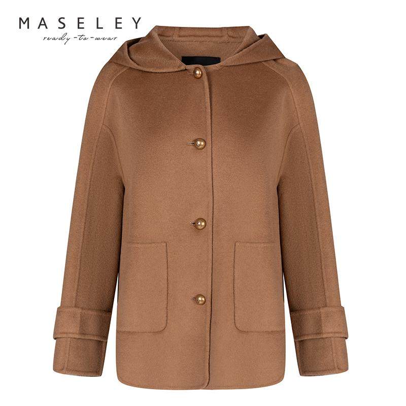 Maseley/玛塞莉年冬季新款时尚宽松连帽拉链毛呢外套女大衣