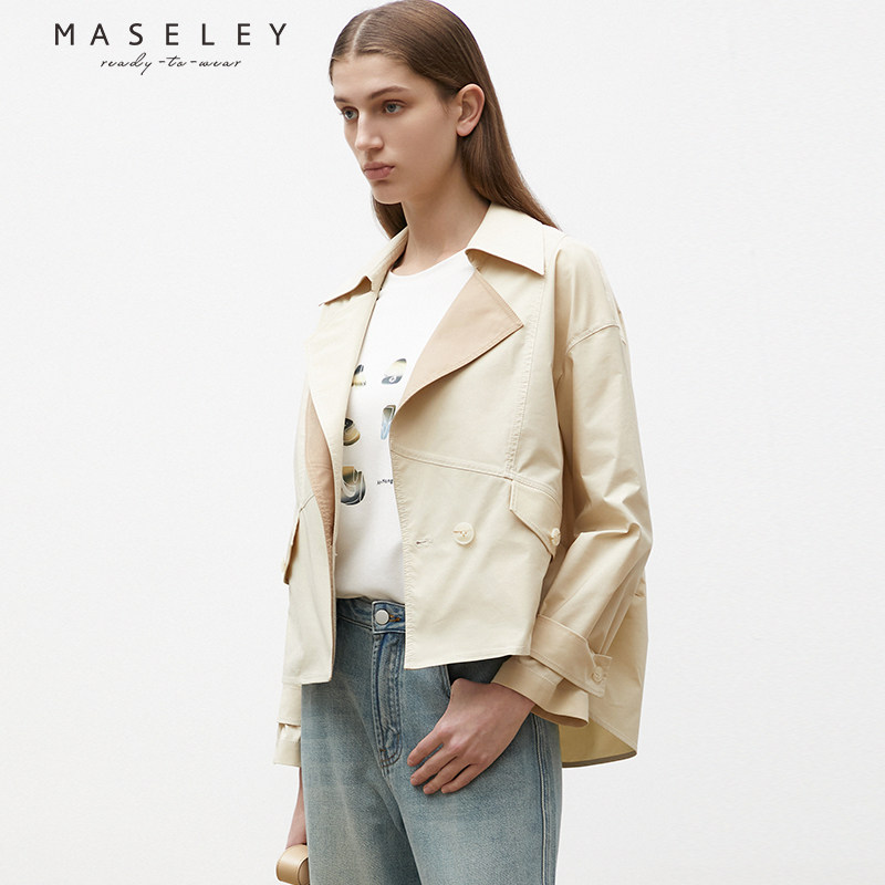 Maseley/玛塞莉简约外套秋季新款假两件修身显瘦短款风衣女