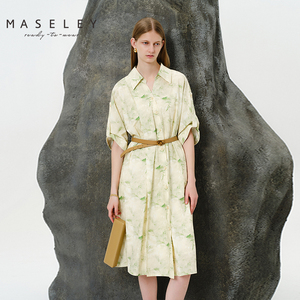 Maseley/玛塞莉春夏新款衬衫领印花淑女腰带时尚休闲舒适女连衣裙