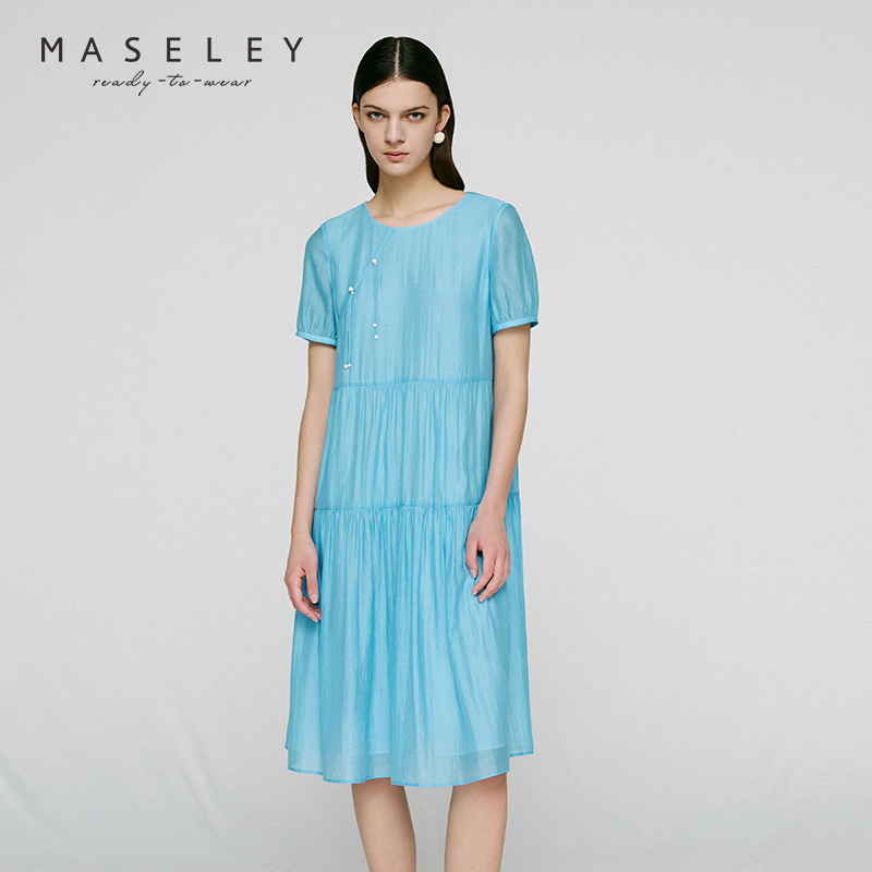 Maseley/玛塞莉年秋季新款圆领直筒裙女亮色活力青春连衣裙