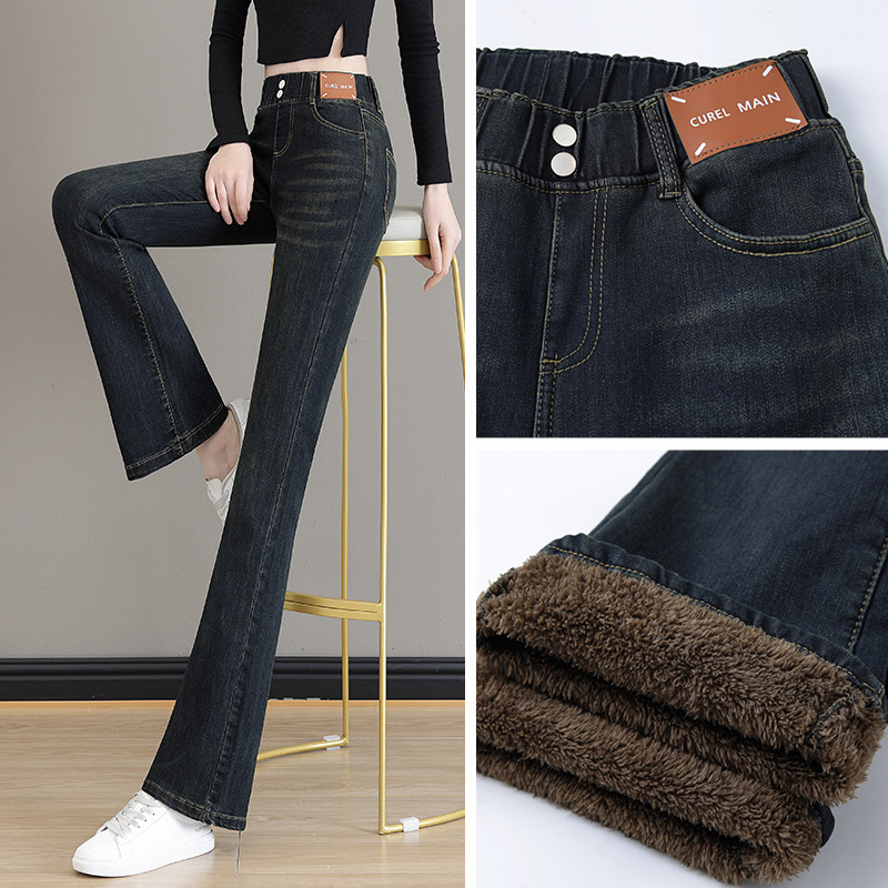 修身加绒松紧腰微喇牛仔裤