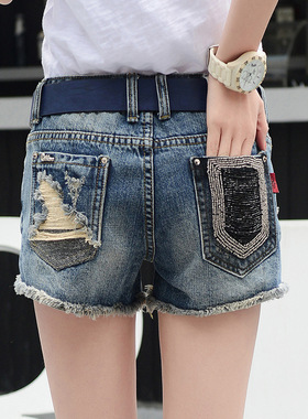 Beaded fringed light blue denim shorts钉珠毛边浅蓝色牛仔短裤