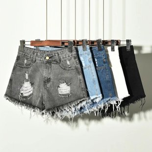 with 女 Black shorts fringes 破洞毛邊流蘇短褲 and denim burrs
