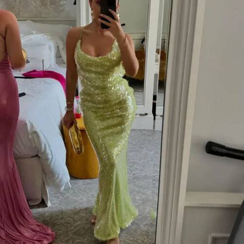 亮片露背吊带修身长款连衣裙女